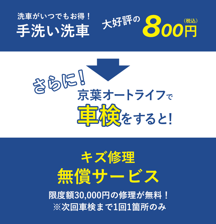 手洗い洗車800円 車検をするとキズ修理無償サービス