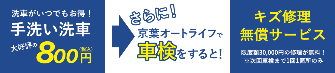 手洗い洗車800円 車検をするとキズ修理無償サービス