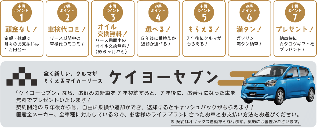 全く新しいクルマがもらえるマイカーリースケイヨーセブン　７つのお得ポイント